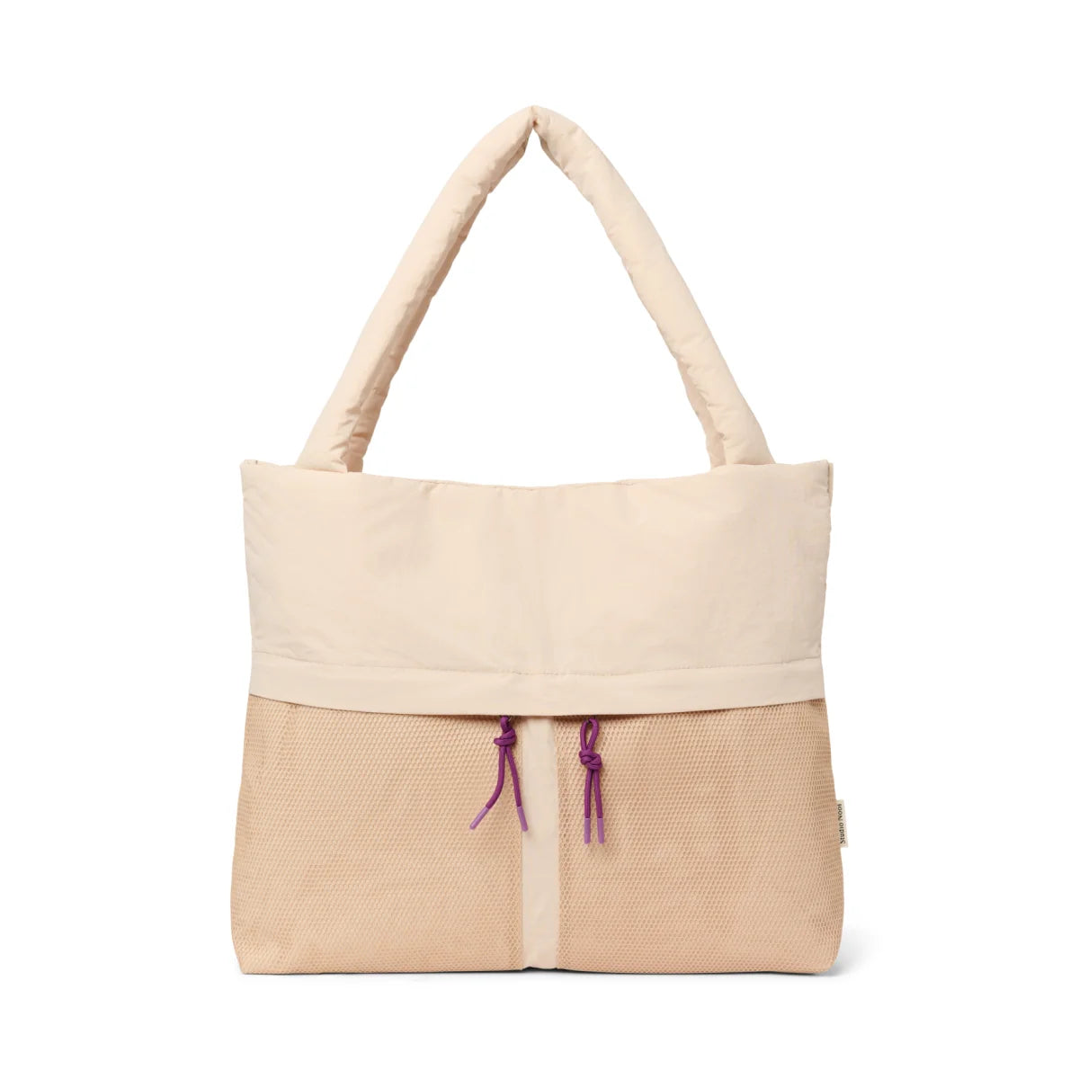 Cremefarbene Patchwork Textured Puffy Mom Bag Oatmeal mit gesteppten Griffen und lila Zugbändern