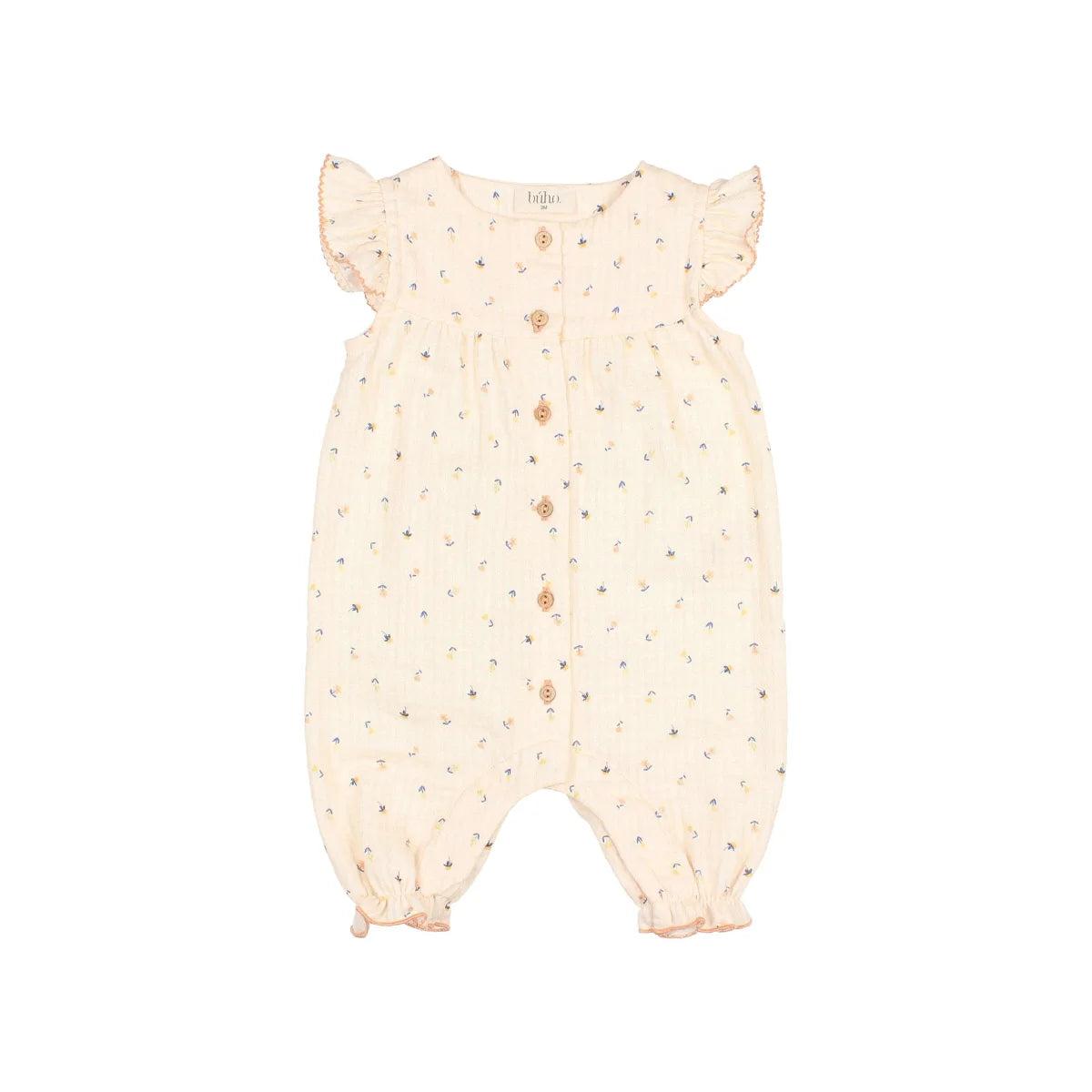 Cremfarbener Baby-Overall mit kleinen Blumenmustern und rüschigen Kapuzenärmeln