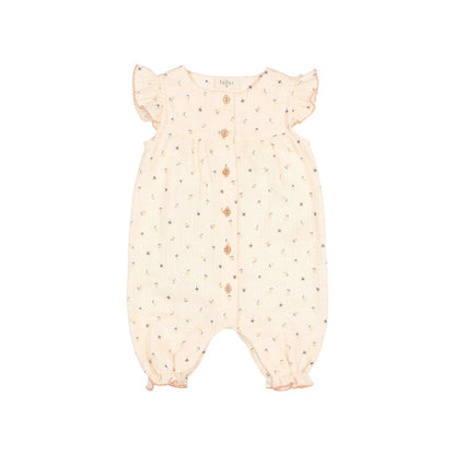 Cremfarbener Baby-Overall mit kleinen Blumenmustern und rüschigen Kapuzenärmeln
