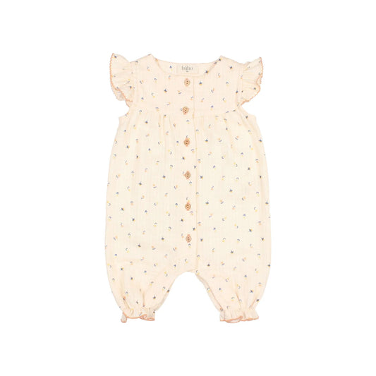 Cremfarbener Baby-Overall mit kleinen Blumenmustern und rüschigen Kapuzenärmeln