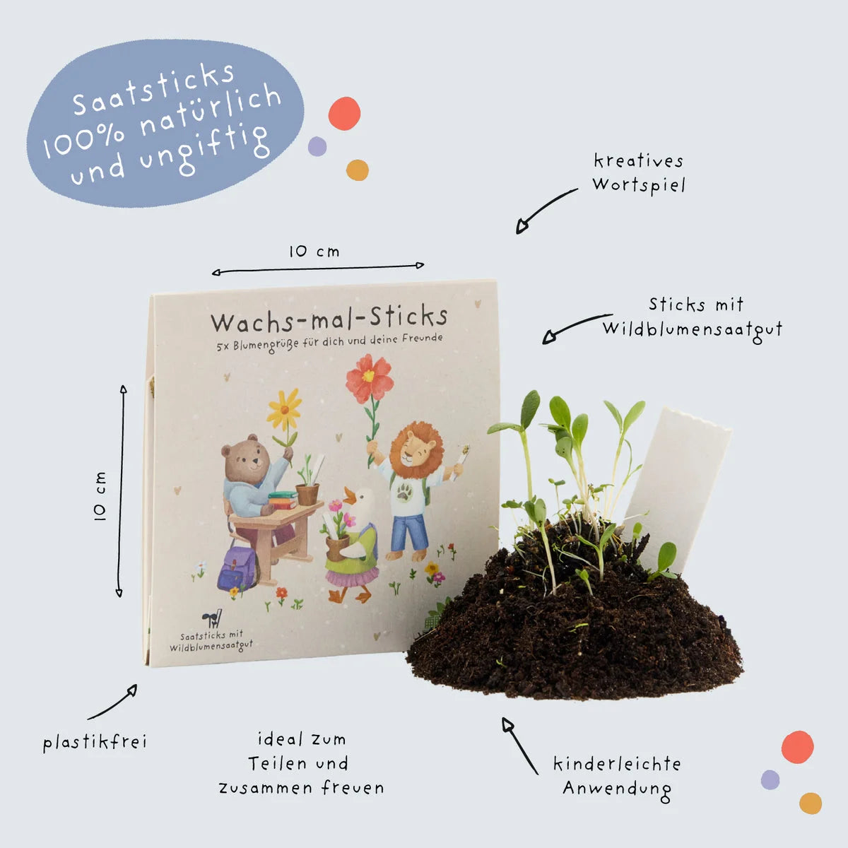 Beige kinderbuch wachs-mal-sticks mit illustrationen von bären und löwe beim gärtnern 10x10 cm in pflanzkästchen mutblumen
