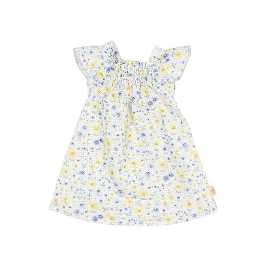 Boho-Kleid Picnic Dress Sky Blue mit Blumenmuster und Flatterärmeln