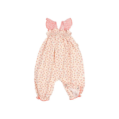 Picnic Jumpsuit Coral: zarte rosa Blumen-Babydrock mit Rüschen, nachhaltige Babykleidung Schweiz