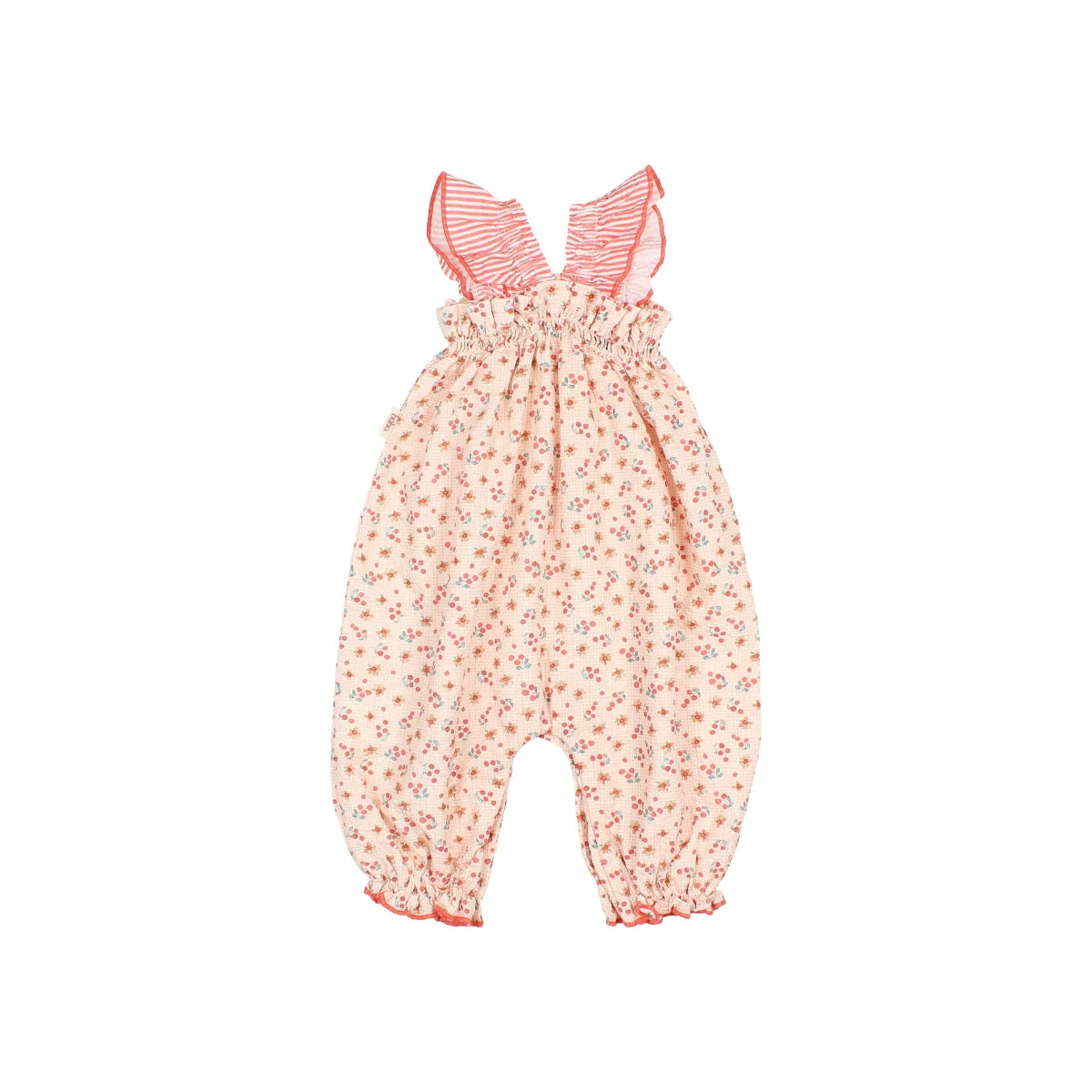 Picnic Jumpsuit Coral: zarte rosa Boho Babykleidung mit Rüschen