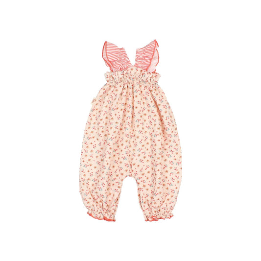 Picnic Jumpsuit Coral: zarte rosa Boho Babykleidung mit Rüschen