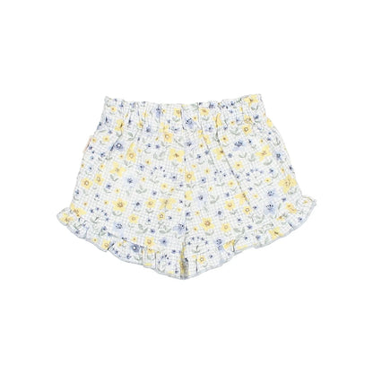 Weiße Blumen Birnen Kombi Shorts mit Rüschen Saum, elastischem Bund