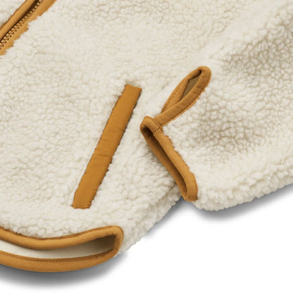 Cremefarbener Sherpa-Jacke mit braunem Lederbesatz und Reißverschlüssen, Pile Jacket Mara