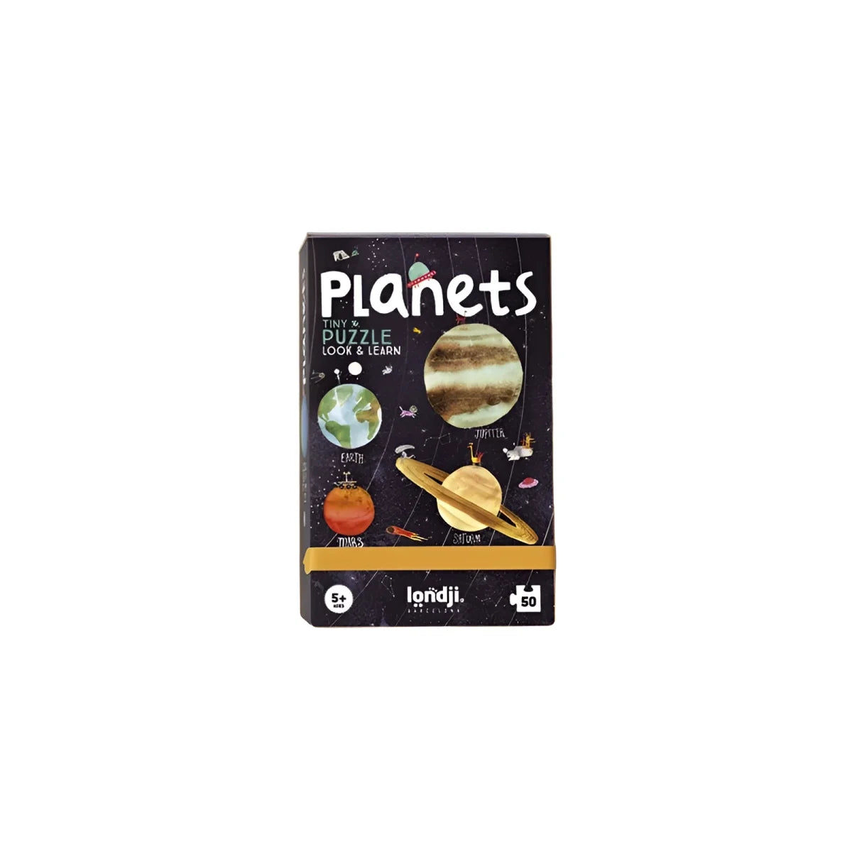 Planets Tiny Puzzle: schwarzer Kasten mit bunten Planeten und Londji-Text