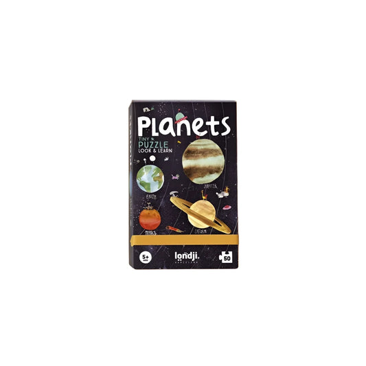 Planets Tiny Puzzle: schwarzer Kasten mit bunten Planeten und Londji-Text