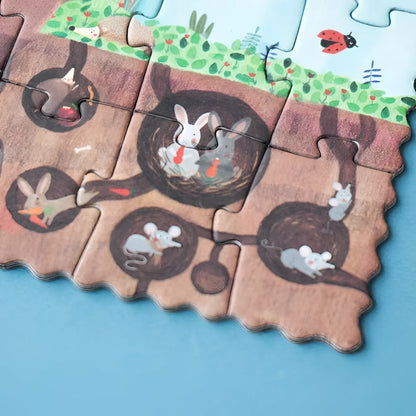 Pommier Tiny Puzzle: Holz-Rätsel mit Kaninchen, Mäusen im Bau, Gras, Blumen und Marienkäfer