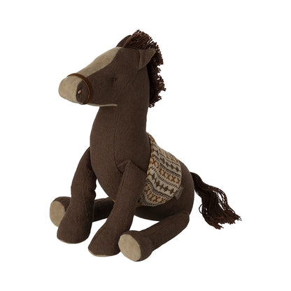 Braunes Plüschpferd Pony Mittel mit cremefarbener Maulkappe, Hufen und Musterstrickpullover