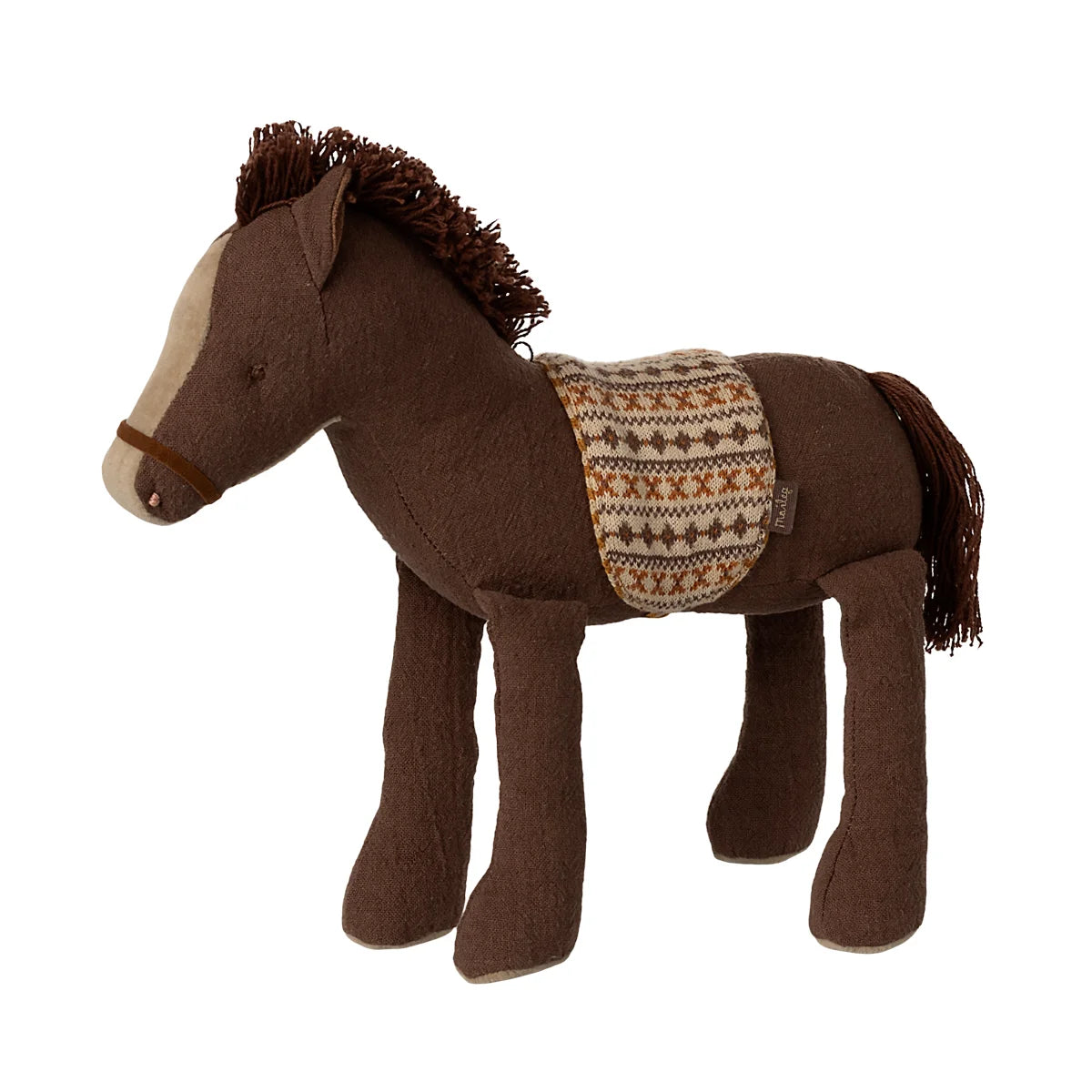 Braunes Plüschpferd Pony Mittel mit cremefarbener Schnauze und Mähne, gestricktem Sattel in Beige, Braun und Orange