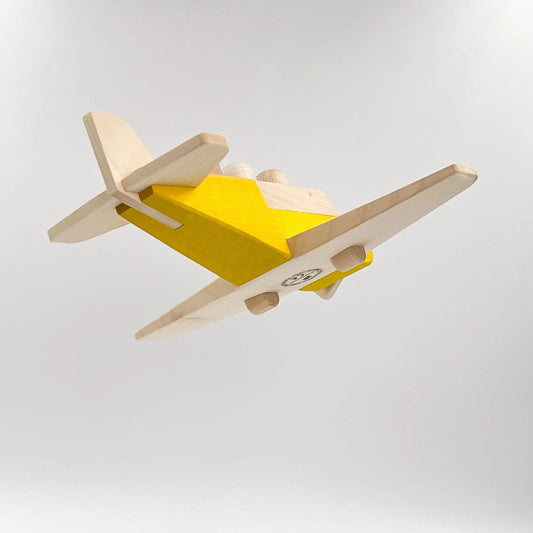 Gelbes und naturholzfarbenes Spielzeugflugzeug Propellerflugzeug BONNIE