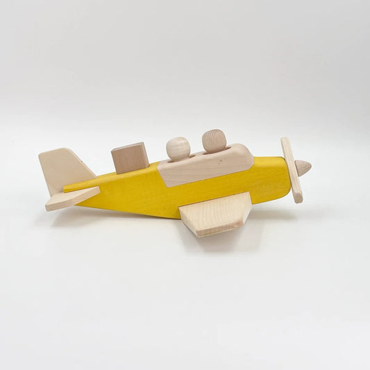 Gelbes und beiges Holzspielzeugflugzeug Propellerflugzeug BONNIE für Kinder