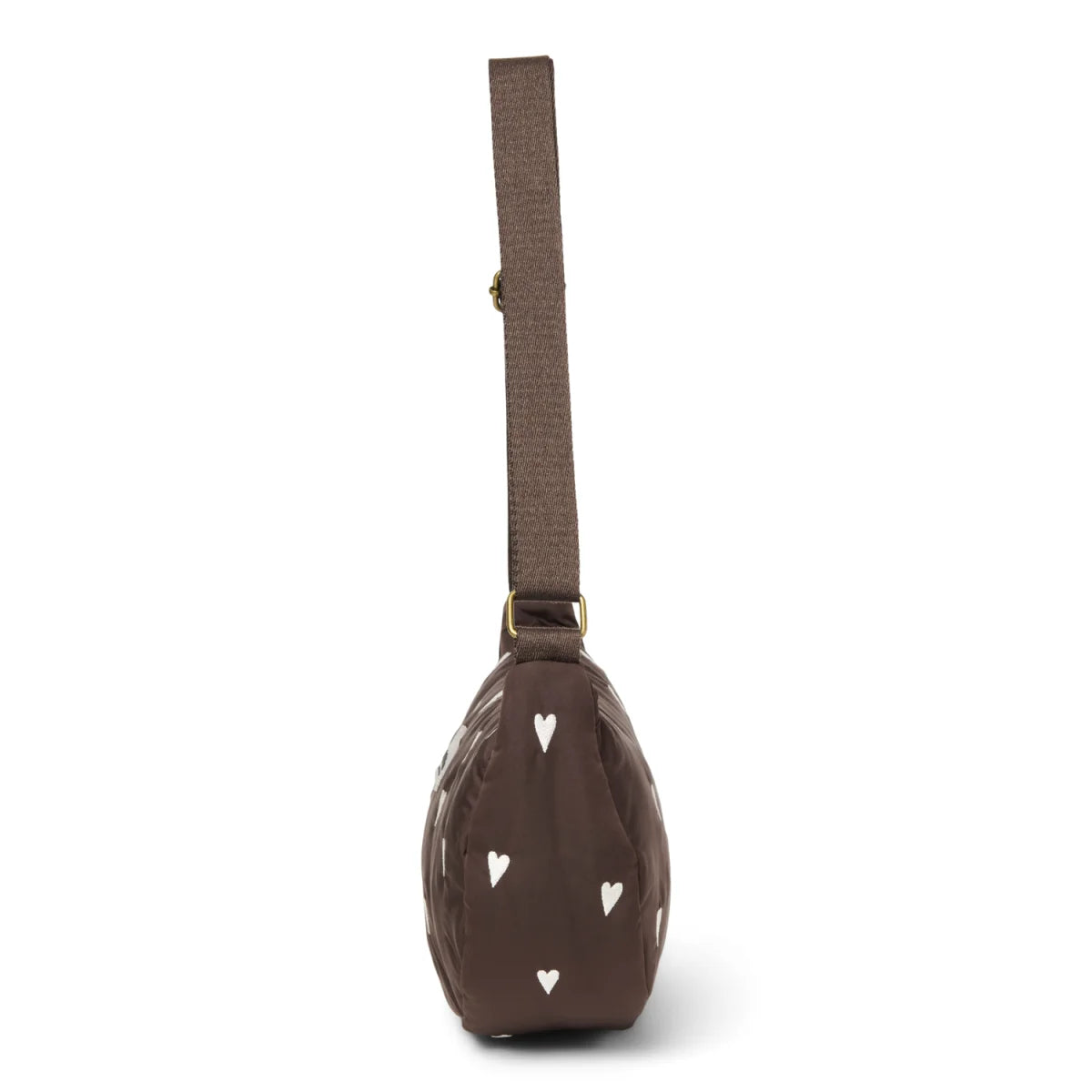Braune Patentleder-Umhängetasche mit weißen Herzmustern, passend zum Puffy Adult Fanny Pack