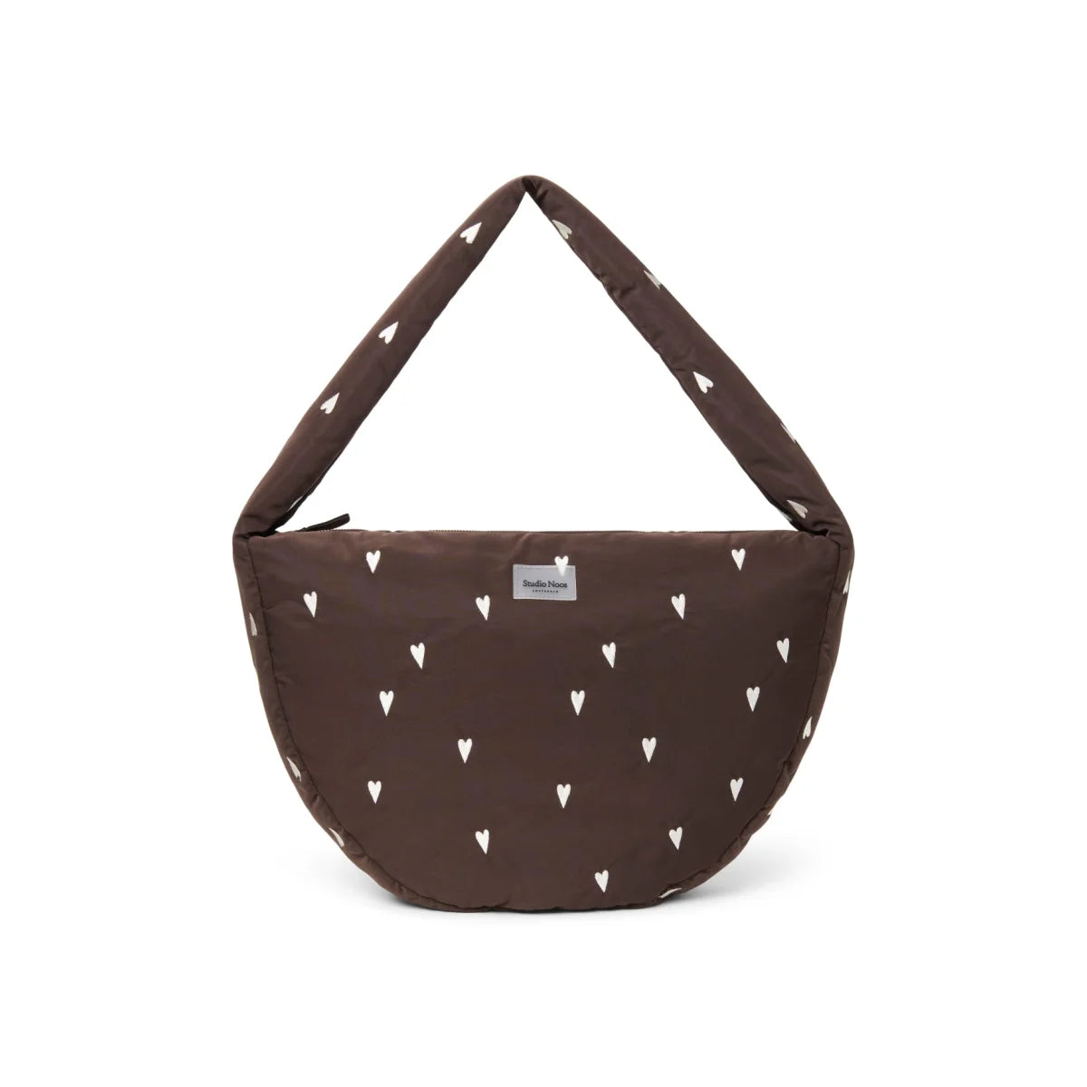 Braune herzgemusterte Puffy Cross Body Bag aus gestepptem Stoff mit weicher, abgerundeter Silhouette
