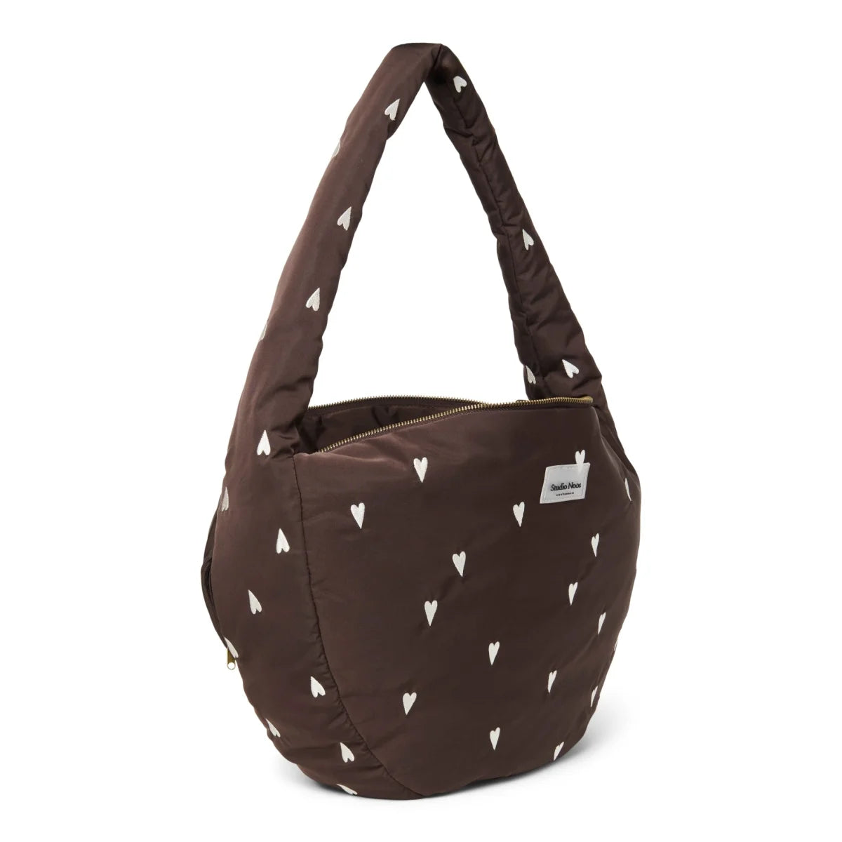 Braune puffy cross body bag mit weißen herzmustern und goldenem reißverschluss ideal für ökologische baby- & kinderprodukte