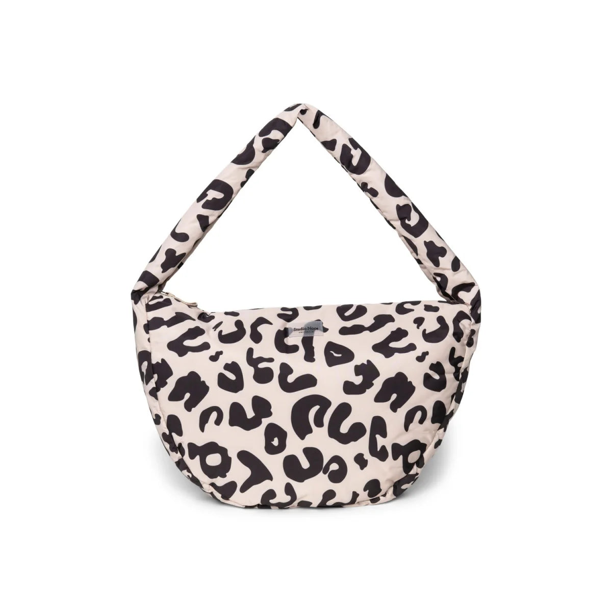 Cremefarbene gesteppte Puffy Cross Body Bag Holy Cow mit markantem schwarzem Leopardenmuster