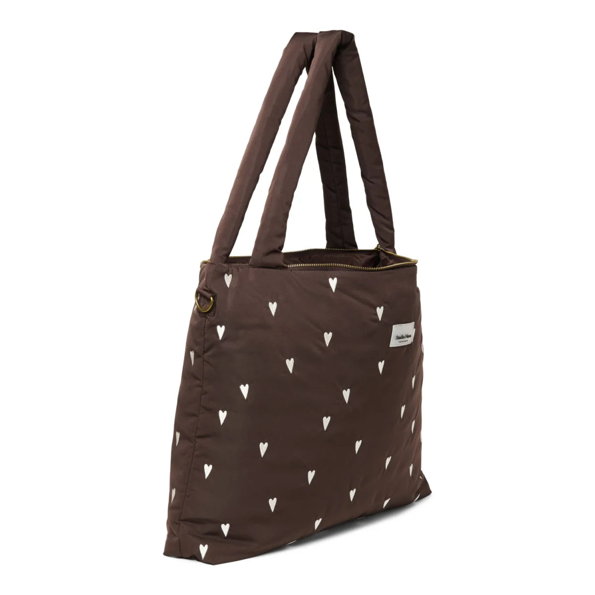 Braune gesteppte Wickeltasche mit weißen Herzmustern für Puffy Mom Diaper Bag