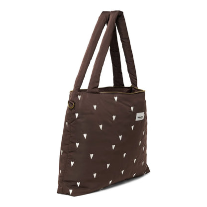 Braune gesteppte Wickeltasche mit weißen Herzmustern für Puffy Mom Diaper Bag