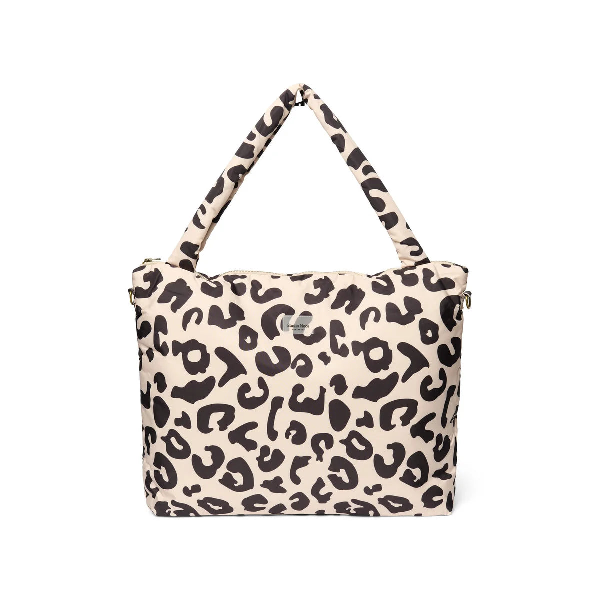 Cremefarbene Handtasche mit schwarzem Leopardenmuster, Puffy Mom Wickeltasche