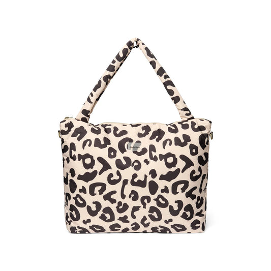 Cremefarbene Handtasche mit schwarzem Leopardenmuster, Puffy Mom Wickeltasche