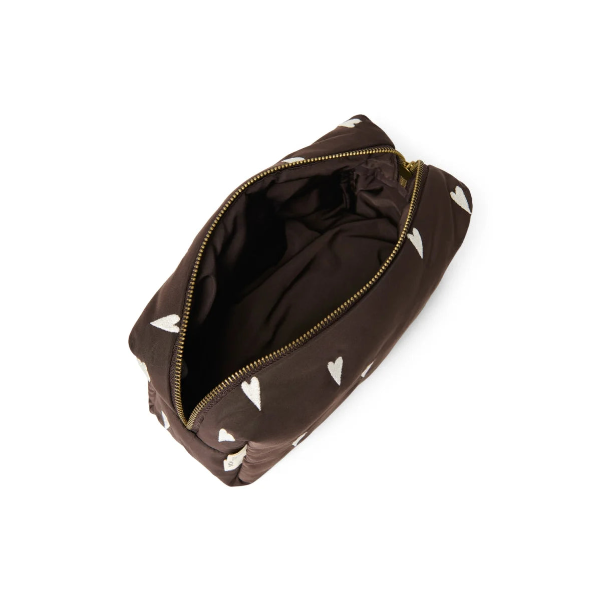 Offene dunkelbraune Kosmetiktasche mit weißen Herzmustern und goldener Reißverschluss