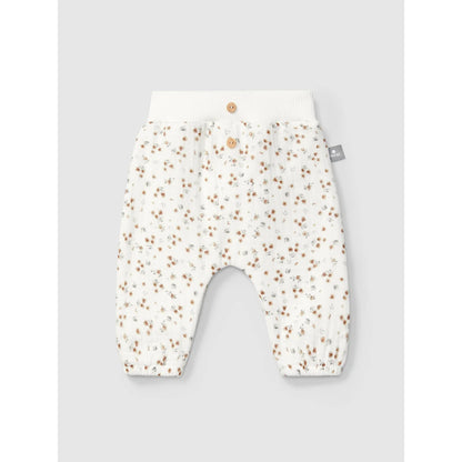 Weißes Baby-Bloomers mit kleinem Blumenmuster und Knopfdetails, ideal für Pull-up Muslin Pants Flower