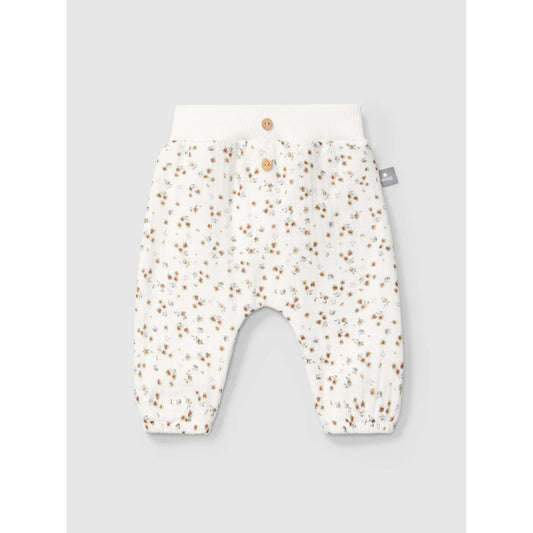 Weißes Baby-Bloomers mit kleinem Blumenmuster und Knopfdetails, ideal für Pull-up Muslin Pants Flower