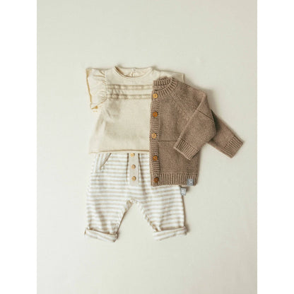 Beige Strick-Cardigan mit Holzknöpfen, gerippte Bündchen, Pull-on Hose