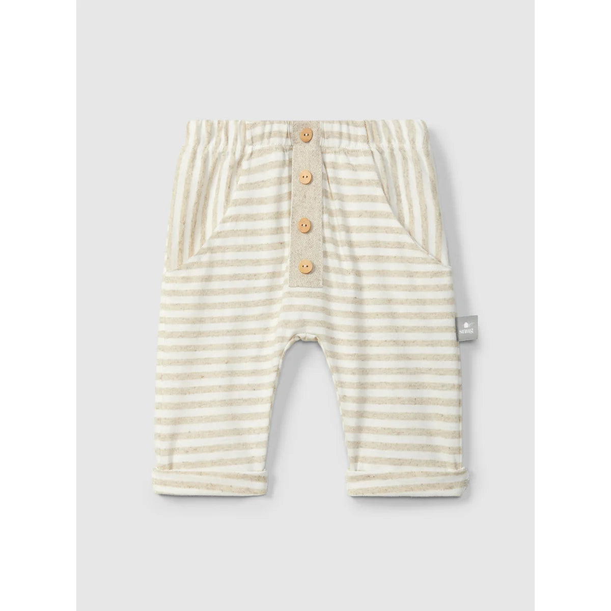 Gestreifte Pull-up Hose aus Leinen in Beige-Weiss, mit Knopfverschluss vorne
