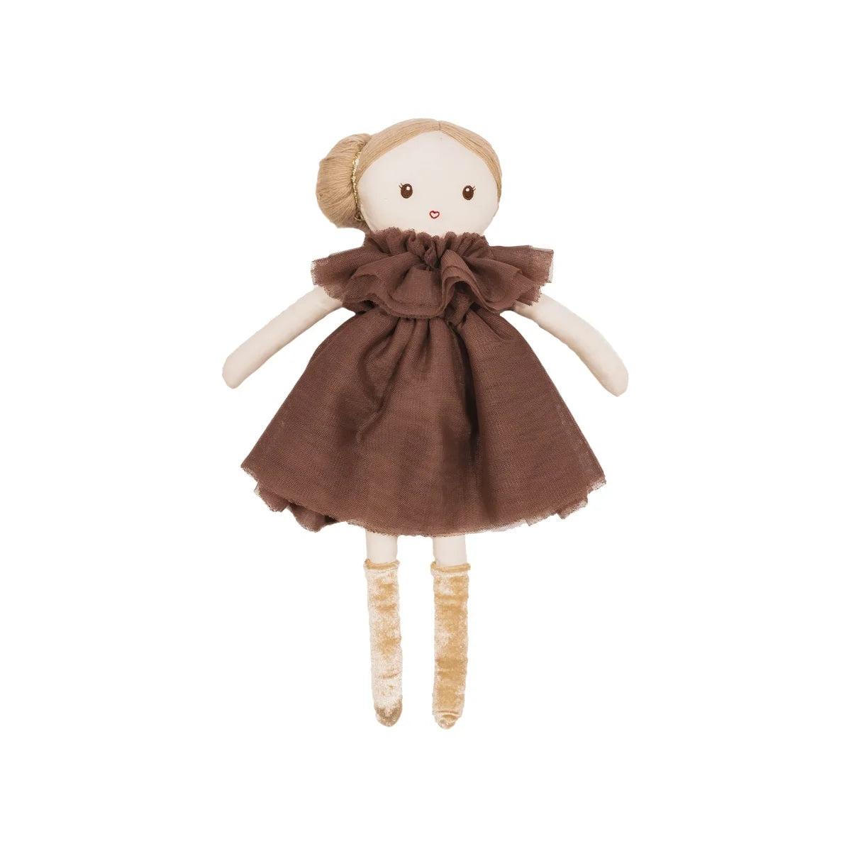 Weiche Plüschpuppe mit brauem Kleid und blonden Haaren in Dutt von Puppe Dollies