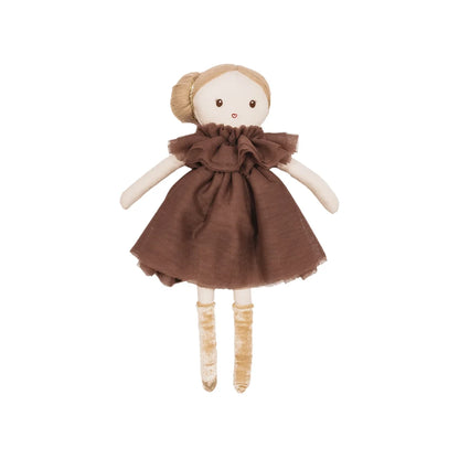 Weiche Plüschpuppe mit brauem Kleid und blonden Haaren in Dutt von Puppe Dollies