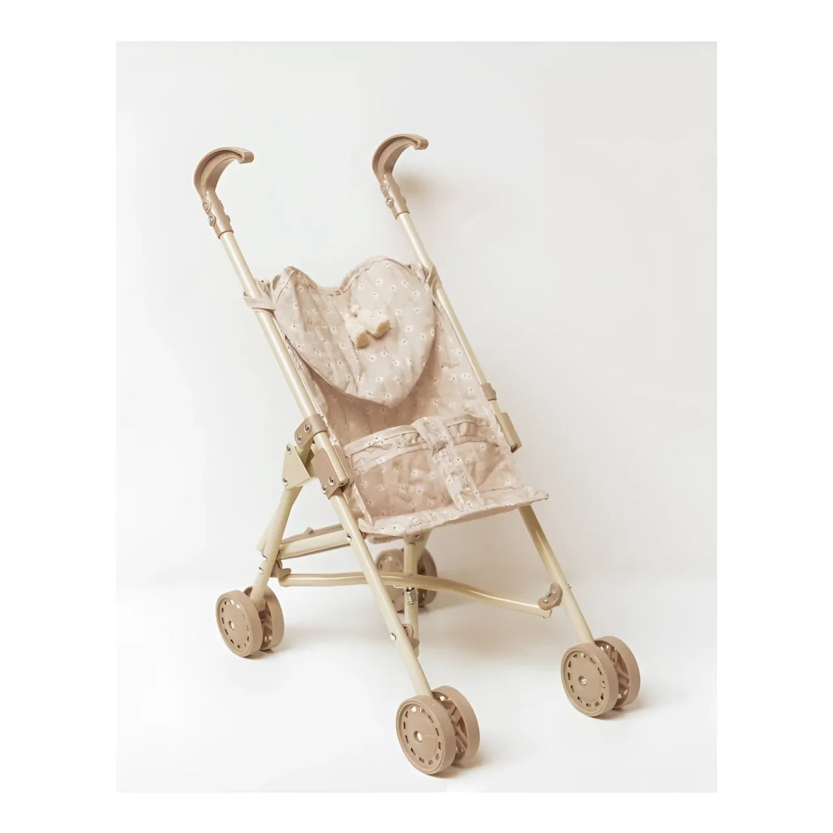 Beige Klapp-Babyschubkarre mit geschwungenen Griffen und gemustertem Sitz