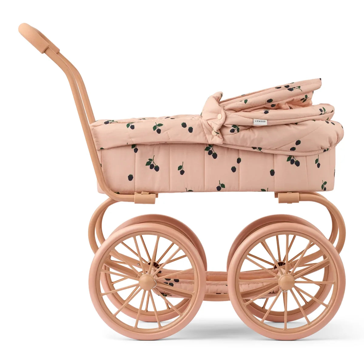 Pinkes Puppenwagen mit Kirschmuster und großen Speichenrädern, passend zu Puppenwangen Adaline