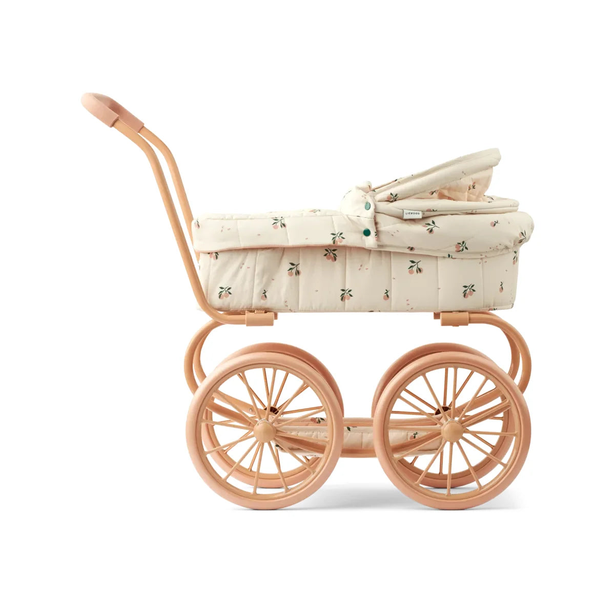 Leicht rosa Puppenwagen mit cremefarbenem, floral gestaltetem Bassinet für Puppen