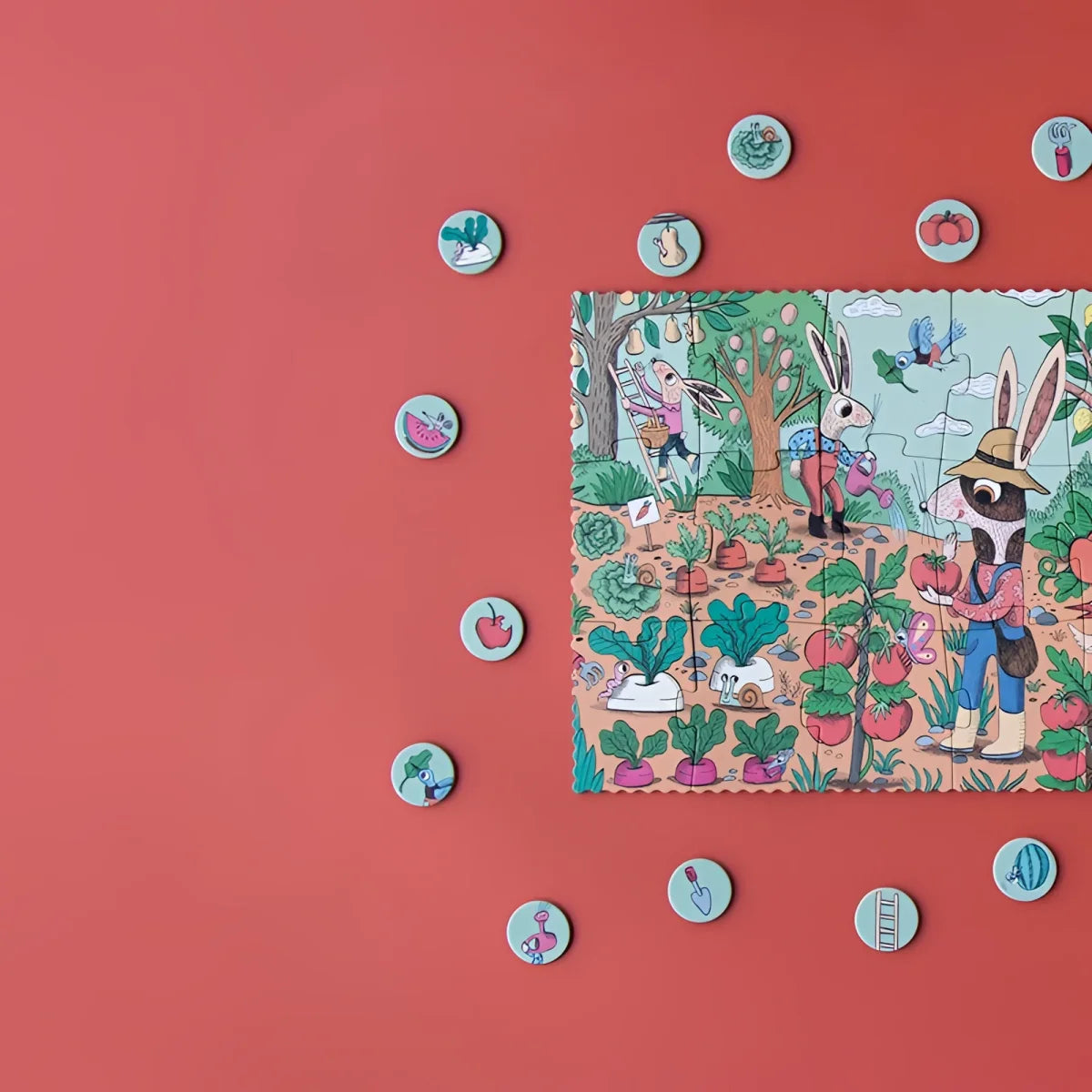 Verspieltes Puzzle mit einem Hasen in einem Garten, umgeben von dekorativen Knöpfen