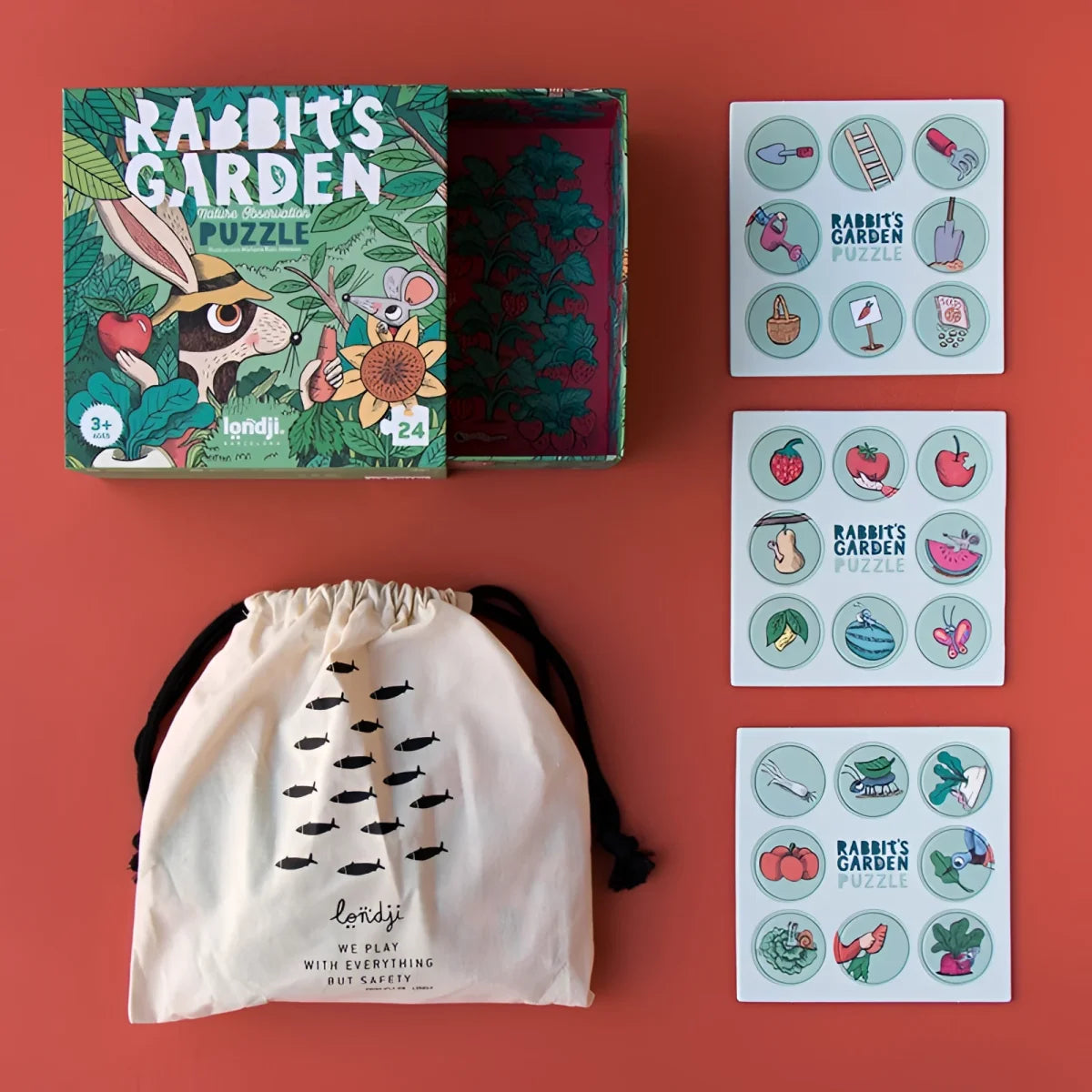 Puzzlebox von Rabbit’s Garden mit Beutel und illustrierten Karten