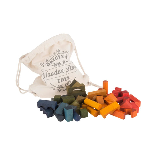 Buntes Set aus 100 Holzbausteinen in verschiedenen Formen mit cremefarbenem Beutel: Original No. 9