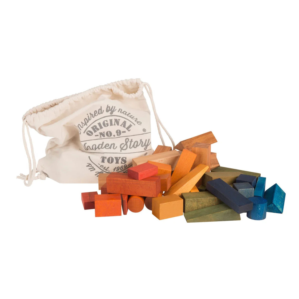Bunte Holzbausteine in verschiedenen Formen mit cremefarbenem Stoffbeutel: Original No. 9 XL, 30 Stk.