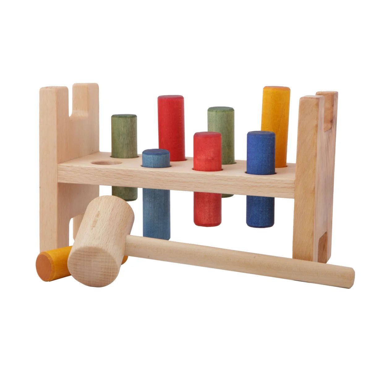 Wooden rainbow pound-a-peg toy set with colorful cylindrical pegs and mallet as ökologische baby- & kinderprodukte