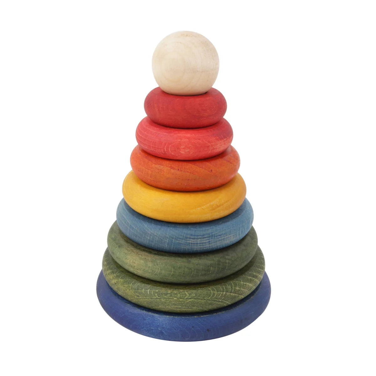 Regenbogenfarbene Holzsteckringe mit natürlicher Holzkugel oben: Rainbow Round Pyramid