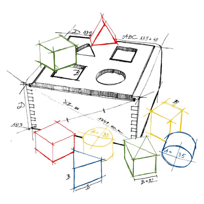 Technische zeichnung eines 3d geometrischen rainbow shape sorter box mit farbigen drahtmodellen für ökologische