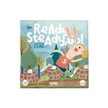 Buntes Ready Steady Go Spiel mit Karottenkaninchen im Rennen vor Schildkröten
