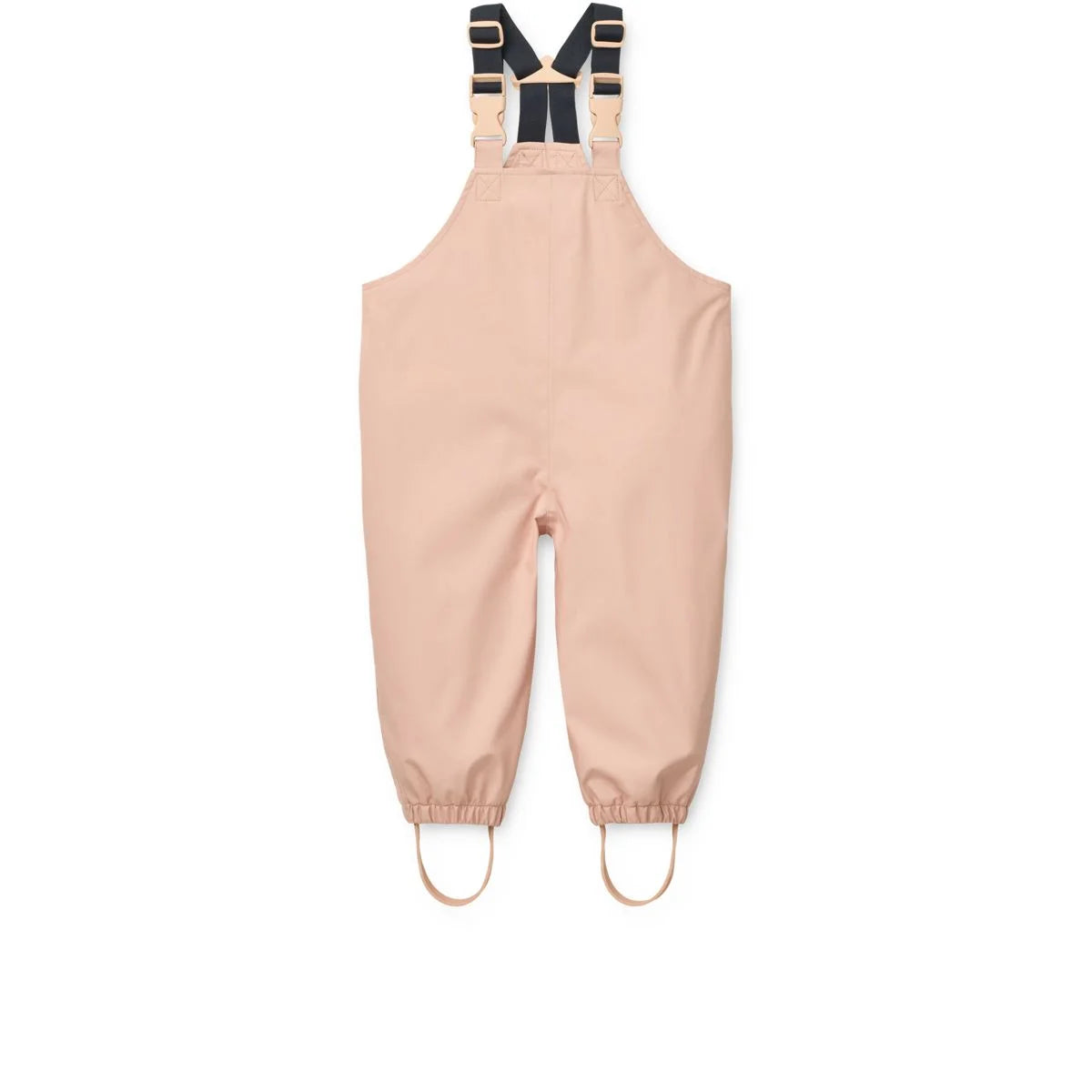 Beige wasserdichte overalls mit schwarzen verstellbaren trägern und elastischen bündchen im regenbekleidungsset manu
