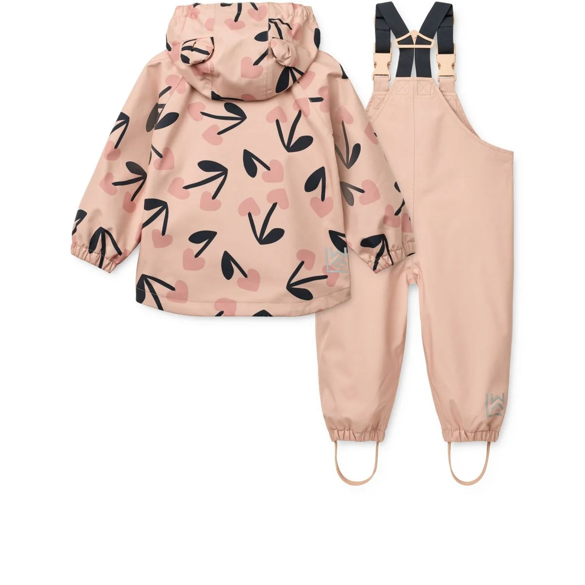 Regenbekleidungsset manu in rosa mit schwarzem blattmuster regenmantel und passenden überalls mit verstellbaren trägern