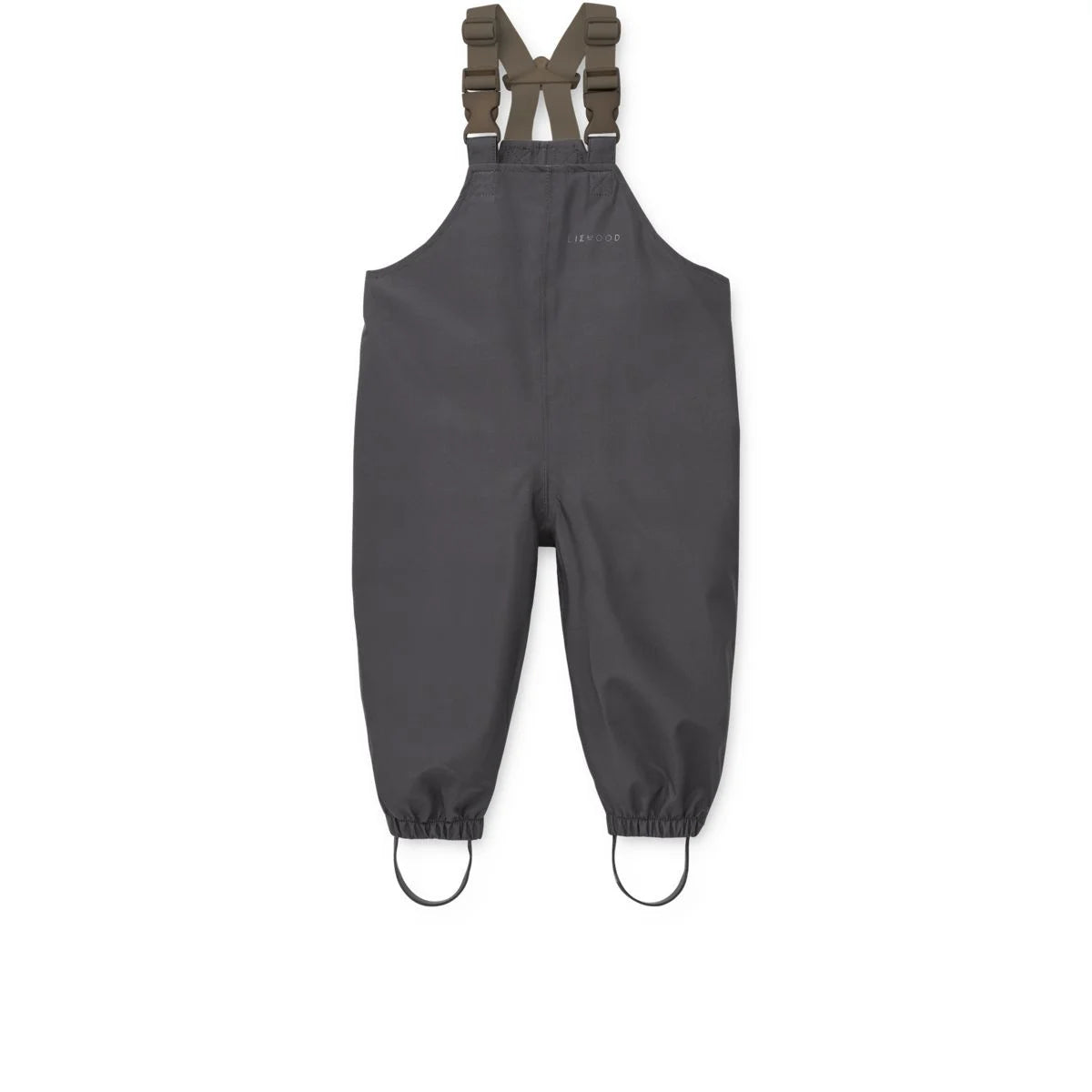 Dunkelgraue wasserdichte Overalls mit hunter green verstellbaren Hosenträgern und elastischen Manschetten aus recyceltem
