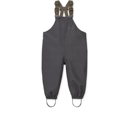 Dunkelgraue wasserdichte Overalls mit hunter green verstellbaren Hosenträgern und elastischen Manschetten aus recyceltem