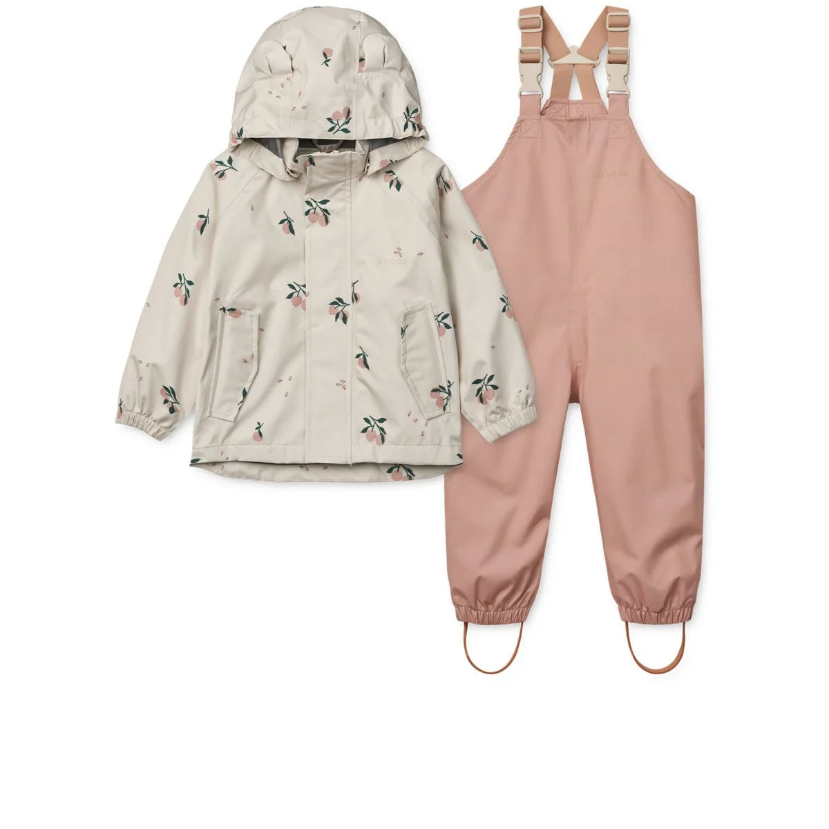 Regenbekleidungsset Manu in Pfirsich mit buntem Blumenmotiv für Kinder