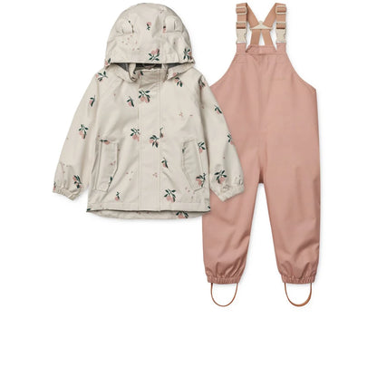 Regenbekleidungsset Manu in Pfirsich mit buntem Blumenmotiv für Kinder